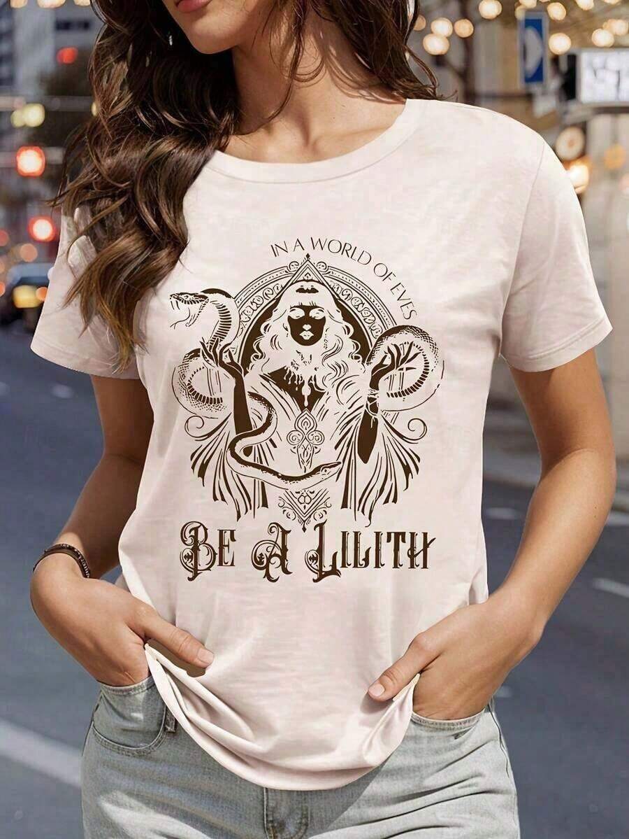 Soft 100% Cotton T-Shirt, Plus Size Casual T-Shirt, Summer Tops 2026, Women's Casual T-Shirt With Letter And Snake Print, Round Neck, Loose And Comfortable, Summer Sets For Women, Soft And Comfortable To Wear, Breathable Cotton T-Shirt, Matches Everything, Great. - 杏色 - 查看 1