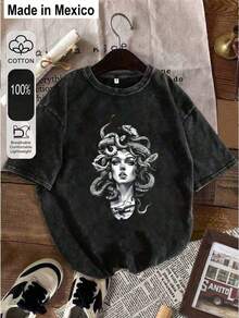 1 Pieza Camiseta De Mujer Con Estampado, Estilo Vintage Realista Con Estampado De Medusa, Camiseta Negra Desgastada, 1 PC Camiseta De Cuello Redondo Para Mujeres, 180G 100% AlgodóN Puro, Fresca Y CóModa Para La Vida Casual, Deporte, Gimnasio, Viajes, Regalo, Vacaciones De Verano, DíA De La Independencia De MéXico - Negro - Ver 6