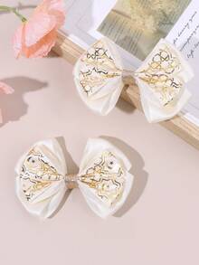 2pcs White & Gold Moon Star Print Bow Hair Clips For Girls, Cute Fashion Barrettes, Alligator Clips & Hair Clips, Casual, Party & Daily Wear Hair Accessories - Multicolor - View 2