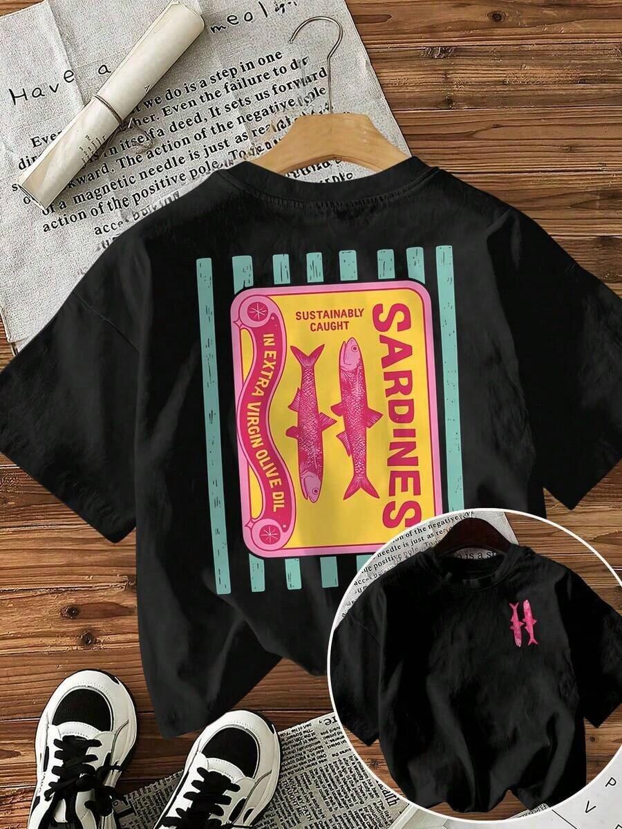 New Spring/Summer 2026 Collection: Women's Short Sleeve T-Shirt With Graphic Print Of "Shape Captured" Sardines, Vintage Casual Style, Suitable For Casual Daily Wear, Cool Summer Clothes In White. - 黑色 - 查看 1