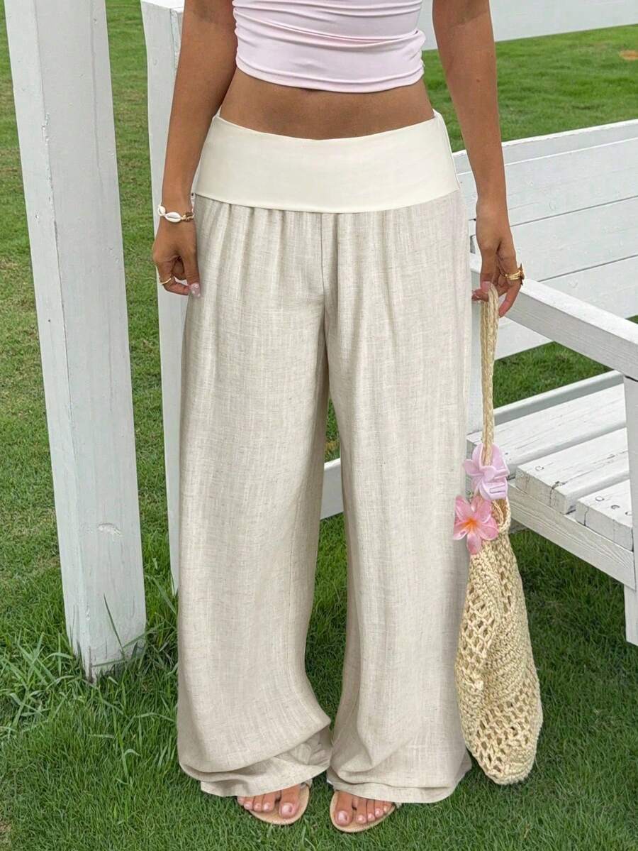 Women's Low Waisted Pants Solid Color Wide Leg Loose Fit Trousers Women Comfortable Casual Daily Wear - Beis - Ver 1