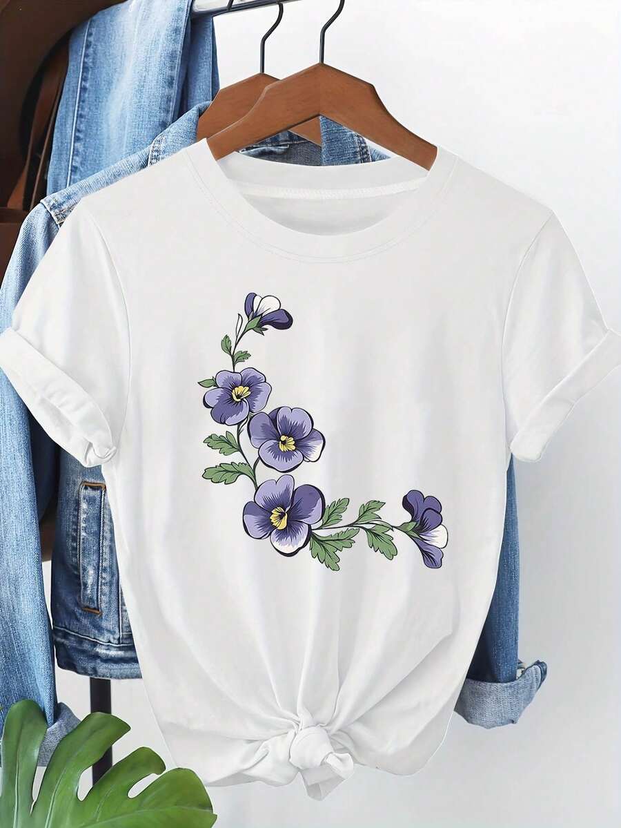 Camiseta de mujer con estampado de enredadera de acianos, perfecta para salidas de primavera y paseos por el jardín. Esta camiseta de manga corta transmite un estilo fresco y artístico, adecuada para atuendos casuales - Camiseta unisex de algodón holgada de manga corta y cuello redondo estilo vintage urbano. - Blanco - Ver 1