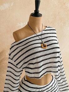 Conjunto informal de 2 piezas de top corto con cuello irregular y borde de lechuga, y shorts, en unicolor, para vacaciones, primavera/verano - Blanco y Negro - Ver 3