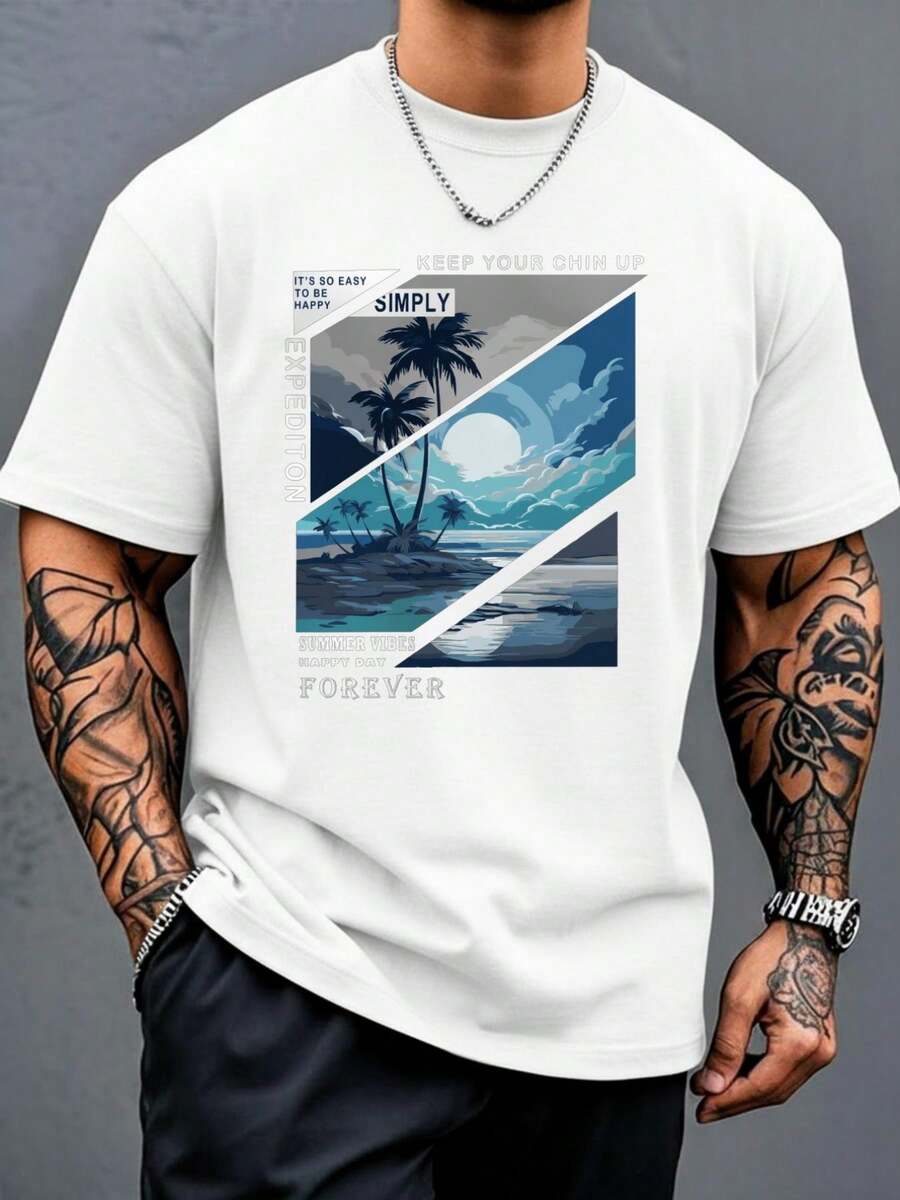 Camiseta de algodón puro para hombre, moderna, versátil, casual y cómoda, adecuada para reuniones de moda y actividades deportivas con estilo.Estilo versátil - Blanco - Ver 1
