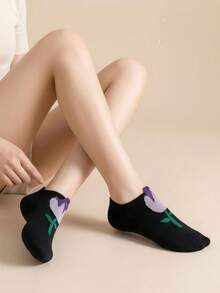 4 Pairs Women's Multicolor Tulip Pattern Breathable Knit Invisible Boat Socks, Versatile For Daily Wear, Commute, Party, Sports, School, Holiday Gift - Multicolor - View 2