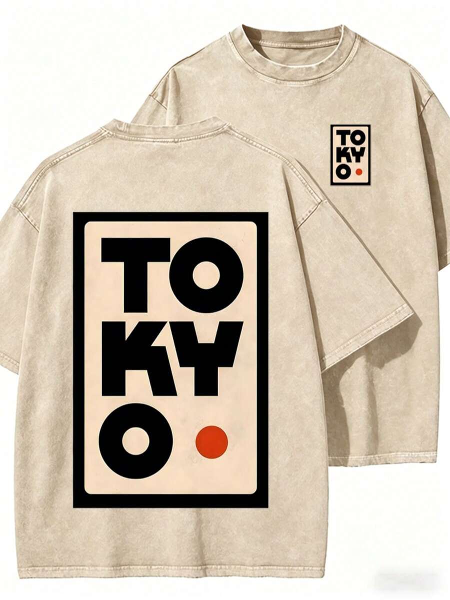 Vintage Washed Grey Front Back TOKYO Letter Print Tee, Retro Distressed Oversized Short Sleeve T-Shirt, Men Women Streetwear Casual Loose Cotton Top - 杏色 - 查看 1
