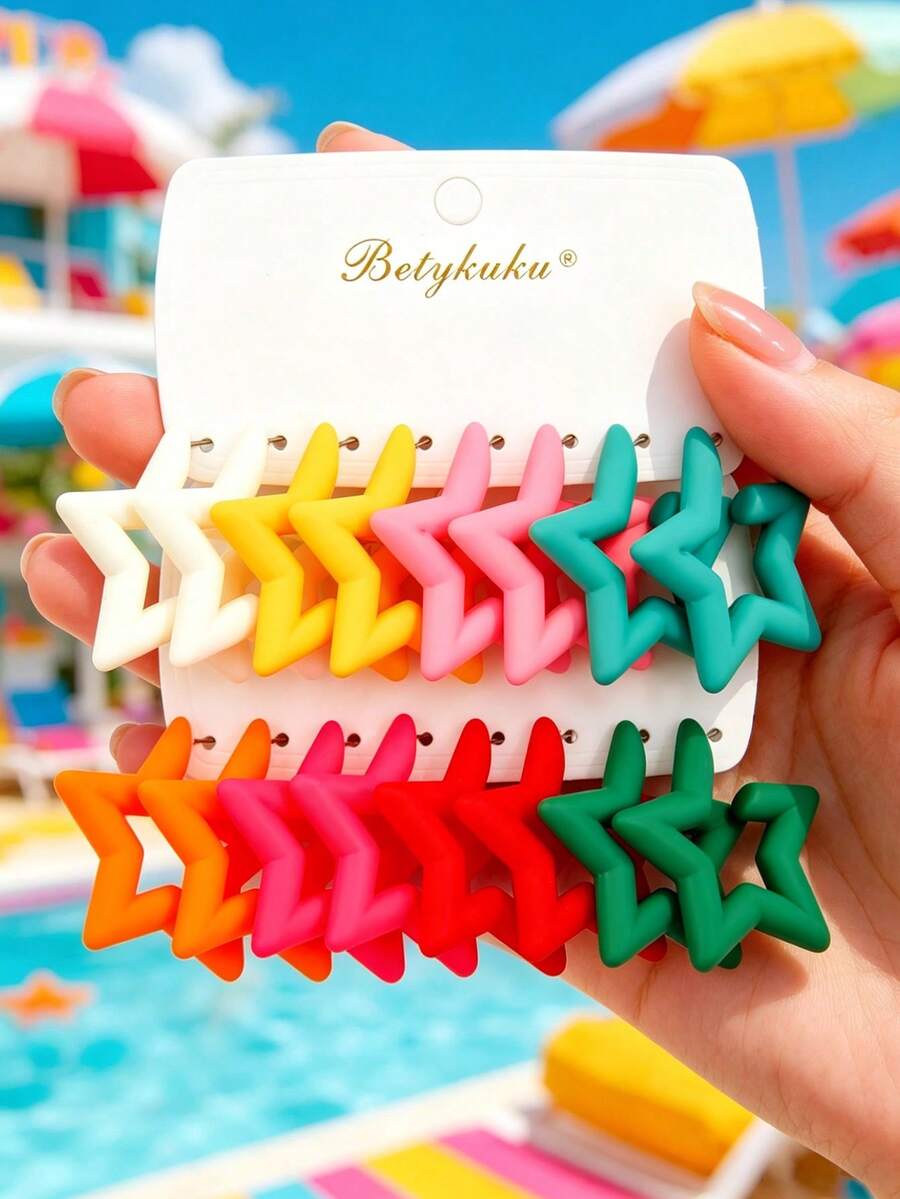 Betykuku 8 Pairs Colorful Resin Star Earrings Set, Suitable For Girls Party, Casual, Vacation - Multicolor - View 1