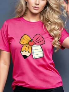 Women's Casual Summer T-Shirt With Pencil Bow Print, Machine Washable, Stretchy Fabric, Ideal For Everyday Wear And Lounging At Home, Versatile Garment, Couple's T-Shirt, Nian Nian Direction, Circles - 紅玫瑰 - 查看 8