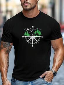 Camiseta de hombre de talla grande, fácil y elegante, relajada e informal, con diseño de brújula y temática de camping para uso de manga corta en verano, talla grande. - Negro - Ver 1
