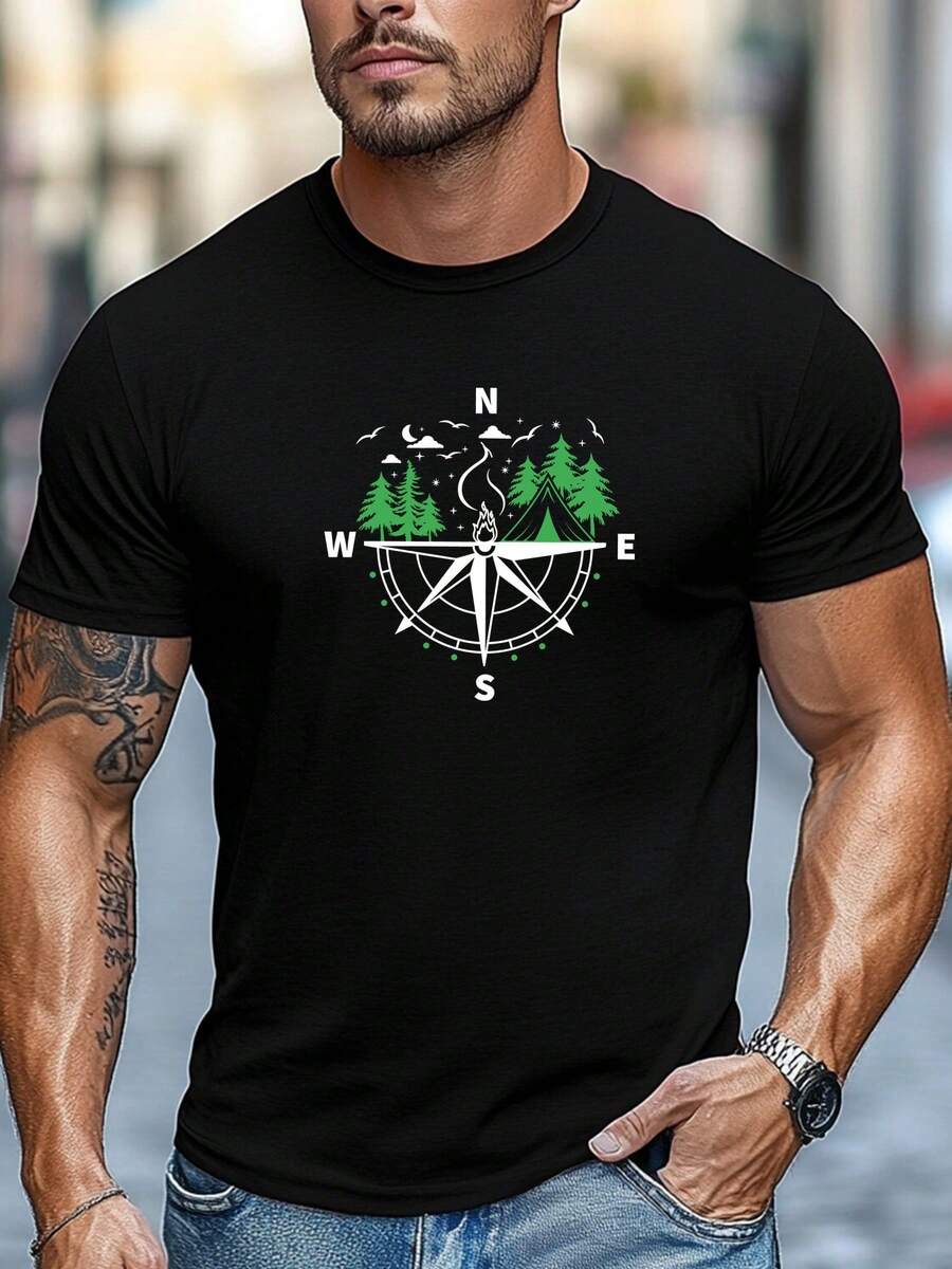 Camiseta de hombre de talla grande, fácil y elegante, relajada e informal, con diseño de brújula y temática de camping para uso de manga corta en verano, talla grande. - Negro - Ver 1
