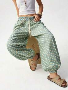 Pantalones sueltos de mujer con cordón y estampado de lunares tejido casual, pantalones de verano para mujer, pantalones bombachos para mujer - Agua verde azul - Ver 2