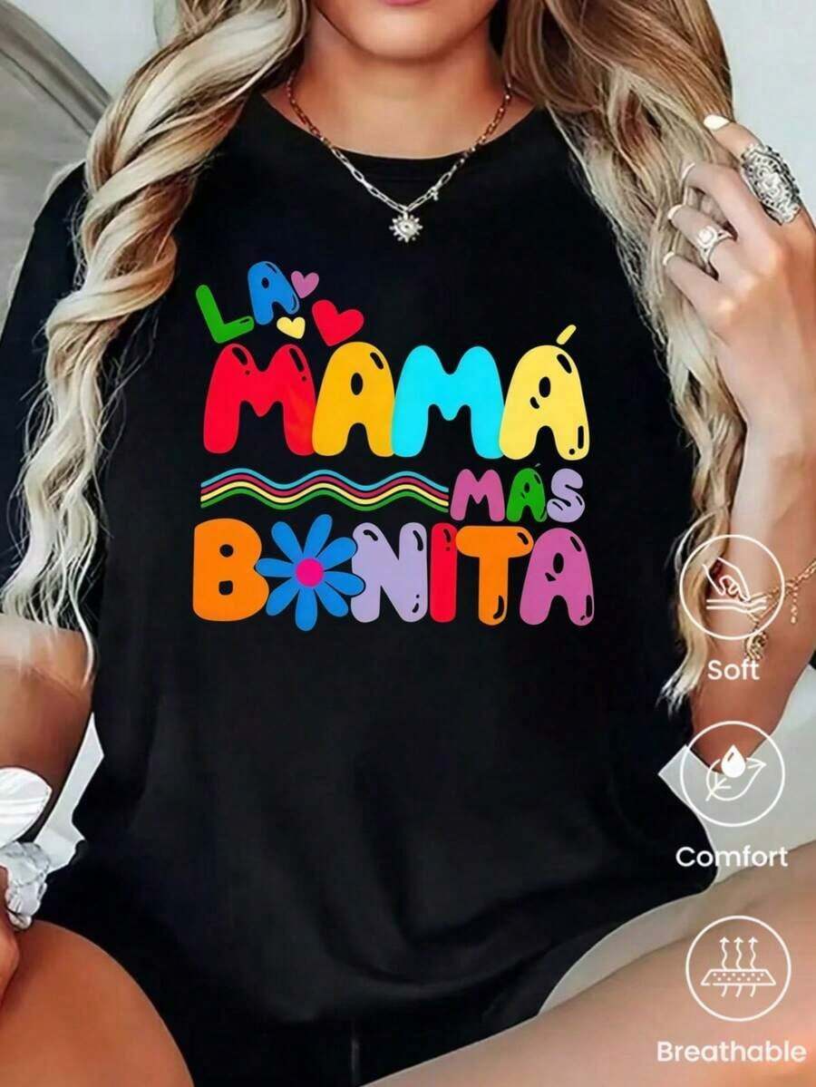Cómodo Camiseta de manga corta de moda para primavera y verano de , hecha en México, 200 gramos. Estampado de dibujos animados, modelo de pareja, apta para uso interior o exterior. Cuello redondo, unisex, ideal para oficina y ocio. Paquete de una pieza., playeras de mujer algodon - Negro - Ver 1