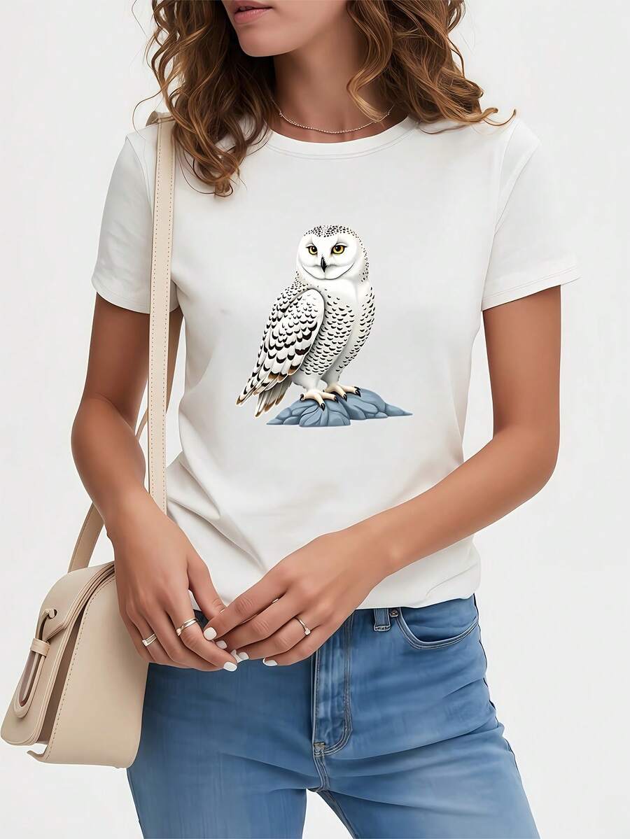 Women's Snowy Owl Print T-Shirt - Casual Short Sleeve Crew Neck Top, Realistic Animal Pattern, Suitable For Daily Wear, Travel And Home, Pure Cotton Women's Printed T-Shirt - 白色 - 查看 1