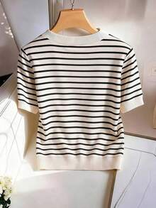 Nueva camiseta de mujer de manga corta con cuello en V a rayas - Multicolor - Ver 2
