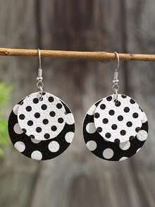 1 Pair Black & White Polka Dot Double-Layer Leather Earrings, Retro Hong Kong Style Fashion Versatile Long PU Leather Earrings - Black and White - View 8