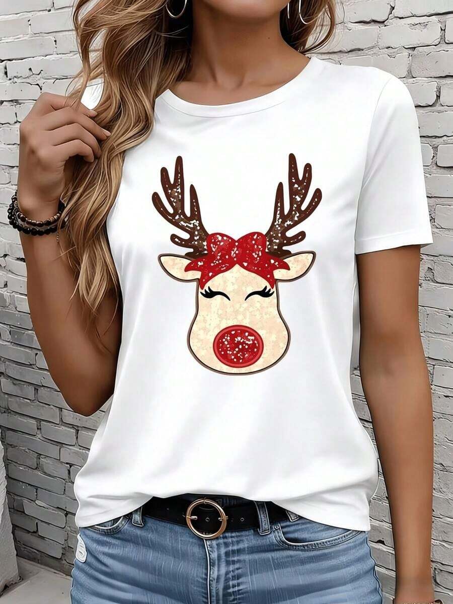 Women's Short-Sleeved T-Shirts In Black And White Are Suitable For Everyday Wear, Lounging At Home, And Outdoor Activities. This Women's White T-Shirt Features A Fun Christmas Reindeer Face Design With A Red Bow And Sparkly Nose, Making It A Casual Top Perfect For The Festive Season And A Great Gift For Christmas Parties. - trắng - Xem 1
