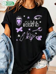 OOlivia Rodrigo GUTS Unisex T-Shirt In 100% Cotton With Purple Butterfly And Star Design, T-Shirt For Pop Music Fans. - Black - View 6