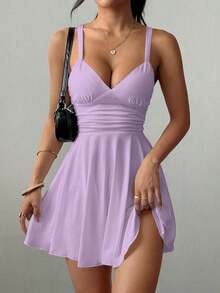 Vestido corto de punto sexy y elegante con escote en V, cintura fruncida y tirantes finos para mujer - Púrpura malva - Ver 7