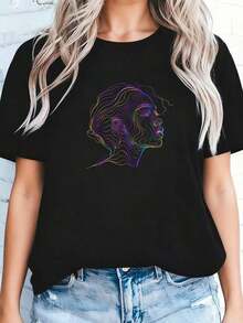 Minimalist Modern Art T-Shirt With Abstract Line Face Profile - Black - View 11