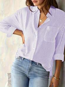 Nueva llegada Cárdigan superior con estampado floral y de rayas de otoño, camisa de manga larga de moda casual para mujer en primavera - Morado - Ver 1