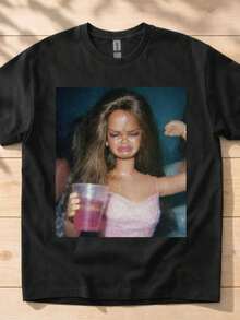 1 Piece Funny Graphic T-Shirt With Doll Design For Party, Vintage Meme T-Shirts, 90s Retro Style, Doll Face Meme T-Shirt For Men And Women, 180g 100% Cotton. - 黑色 6 - 查看 7