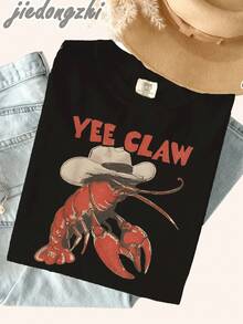 1 Piece Of Women's Cowboy Style Crayfish Print Oversized T-Shirt, Y2K Inspired Summer Clothing, Graphic Tees For Everyday Wear, Women's Western Style Holiday Outfits, 180g 100% Cotton. - 黑色 - 查看 3