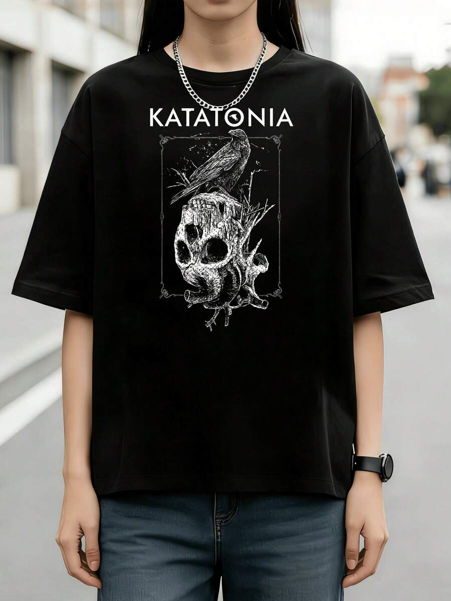 Katatonia Metal Band Dark Skull Crow Bomulls T-shirt med Korta Ärmar för Sommaren - Svart - Visa 1