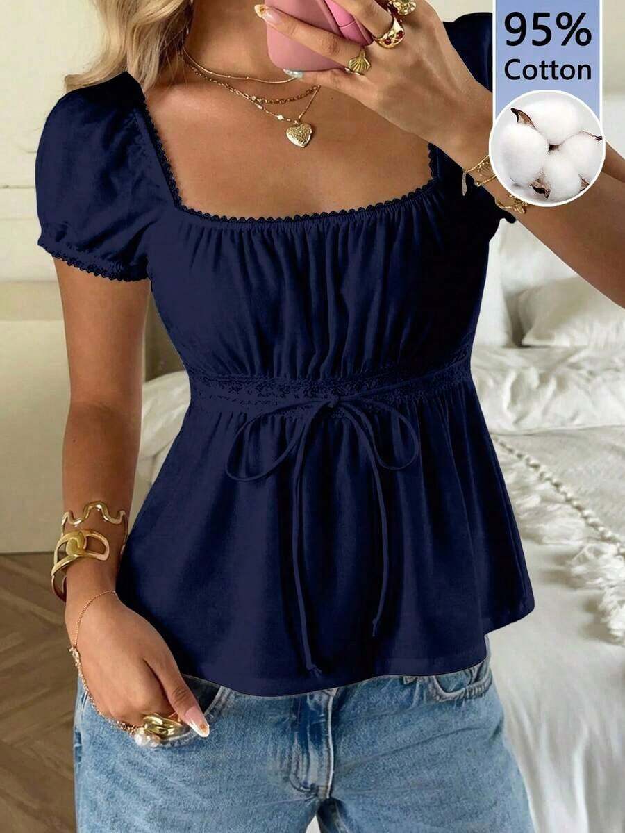 Camiseta casual de mujer con estampado de lunares y cintura con lazo en color amarillo - Azul marino - Ver 1
