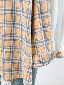 Áo sơ mi nữ dài tay kẻ caro xanh dương, chất liệu polyester, kiểu dáng thường ngày. - trái cam - Xem 9