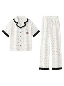 Bộ đồ ngủ Miffy 2 món dành cho nữ, bộ quần áo mùa hè, họa tiết chấm bi và hình nhân vật dễ thương, chất liệu mềm mại. - Màu be - Xem 6