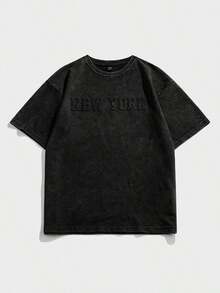 Camiseta de manga corta  para hombre, estilo vintage, de gran tamaño, negra jaspeada, con estampado de la leyenda "Los Angeles", regalo para novio, ideal para salir. - Negro 3 - Ver 5