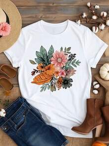 Women's Oversized Short Sleeve T-Shirt - White Loose Fit Round Neck Blouse With Soft Pink Peach Green Leaf And Beige Brown Boho Print, All Season Casual Top, Machine Washable Loose H-Line Blouse For Autumn Winter Spring Outfit - 白色 - 查看 1