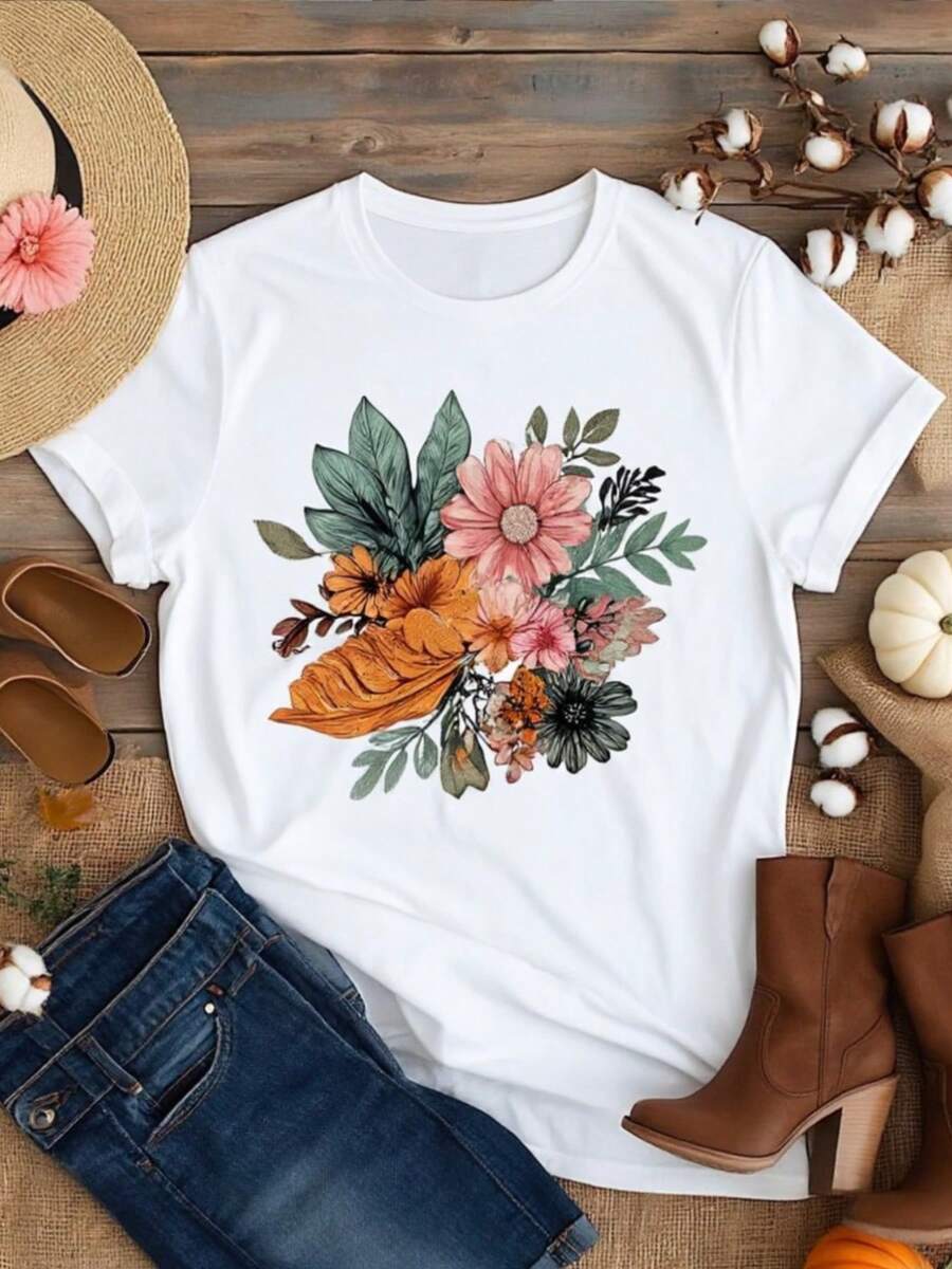 Women's Oversized Short Sleeve T-Shirt - White Loose Fit Round Neck Blouse With Soft Pink Peach Green Leaf And Beige Brown Boho Print, All Season Casual Top, Machine Washable Loose H-Line Blouse For Autumn Winter Spring Outfit - 白色 - 查看 1