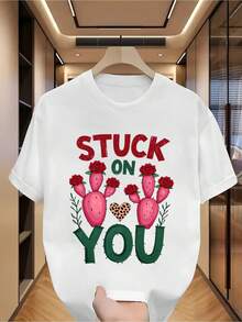 Wo'S White Short Sve T-Shirt - "STUCK ON YOU" Graphic with Cacti and Hear | Camiseta de cuello redondo elegante, lavable en máquina, toda la tempor, uste relado, de moda, tela suave, camiseta básicara adultos - Blanco - Ver 2