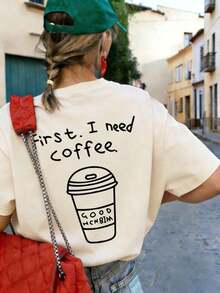 Camiseta casual de manga corta para mujer, ideal para vacaciones de verano, con estampado gráfico "Primero".Necesito café.de cuello redondo y manga corta, de ajuste relajado y casual, versátil, adecuada para uso diario y vacaciones de verano - Albaricoque - Ver 8