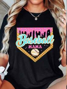 "Drip Mama" Baseball T-Shirt, Team Mom T-Shirt, "Ice Cream Drip" T-Shirt, Mother's Day Gift, Oversized Classic Short Sleeve Graphic Print T-Shirt, Women's Casual Short Sleeve Top. - 黑色 - 查看 1