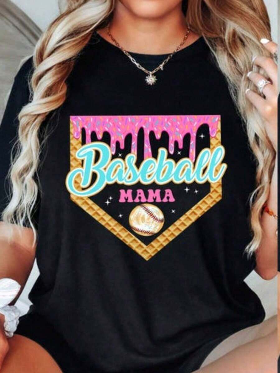 "Drip Mama" Baseball T-Shirt, Team Mom T-Shirt, "Ice Cream Drip" T-Shirt, Mother's Day Gift, Oversized Classic Short Sleeve Graphic Print T-Shirt, Women's Casual Short Sleeve Top. - 黑色 - 查看 1