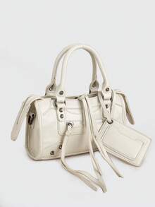 1pc Beige Splicing Rivets Inlaid Metal Tassels Zip Retro PU Material Small Bag Charms Loop Band Rivets Inlaid Sweet Cool Bikerbag Y2K Punk Square Bag - Beige - View 5