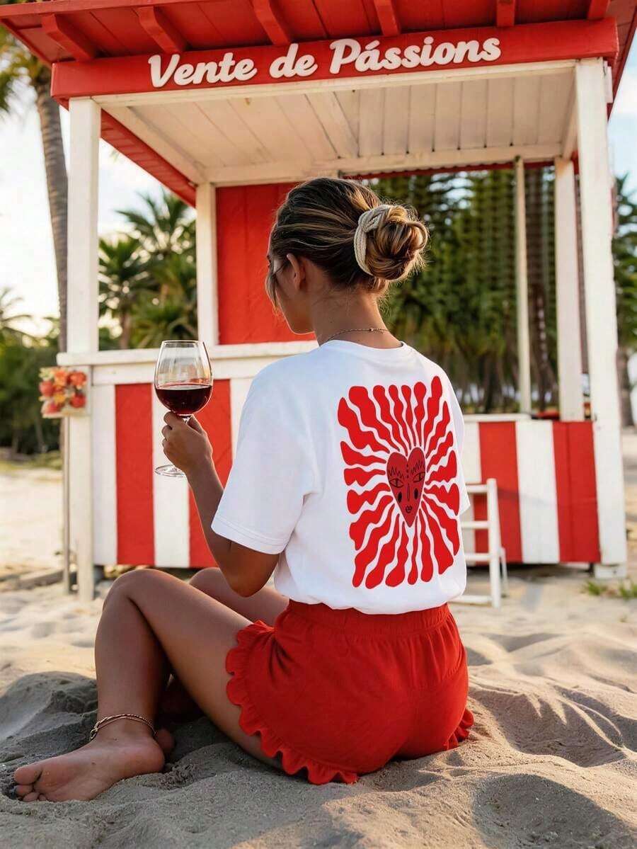 Camiseta holgada de cuello redondo con estampado casual para mujer de talla grande, adecuada para el Día de San Valentín - Blanco - Ver 1