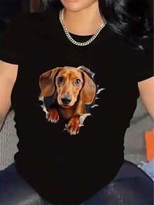 Camiseta de Manga Corta de Poliéster con Estampado de Perro Dachshund, Ligera y Duradera para Uso Casual en Casa, Restaurante o Ambientes Exteriores, Ajuste Cómodo para Uso Diario - Negro - Ver 7