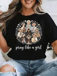 Camiseta holgada para mujer estilo Y2K, con estampados de santos católicos, diseñada específicamente para mujeres cristianas, con un estilo callejero vintage de los años 2000 y un corte holgado. Hecha de 100% algodón, es una camiseta de manga corta para vacaciones de verano y días de descanso para mujeres - Estilo vintage urbano, unisex, holgada, de algodón, con cuello redondo. - Blanco - Ver 9