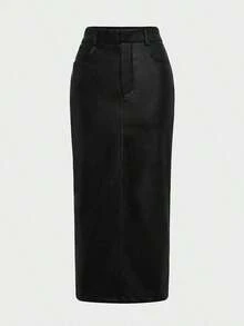 Falda lápiz midi de cintura alta, elegante, de cuero vintage, para uso diario y de negocios, de corte ajustado, color negro, para primavera - Negro - Ver 2