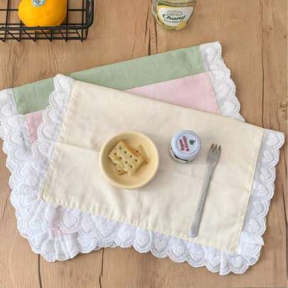 2/6/12pcs Heart-Shaped Lace Solid Color Ruffle Placemats, Vintage Farmhouse Style Home Kitchen Decor, Luxury Reusable Washable Coffee Mats For Afternoon Tea, Restaurant, Kitchen, Wedding, Bridal Shower, Party, Dining Table Decoration