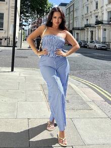 Conjunto de 2 piezas para mujer con top sin tirantes a rayas y pantalón de pierna ancha, con sensación relajada, ajuste elegante, para primavera - Azul - Ver 6