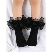 Girls' Solid Color Casual Socks With Ruffles, 1 Pair - Black - View 6