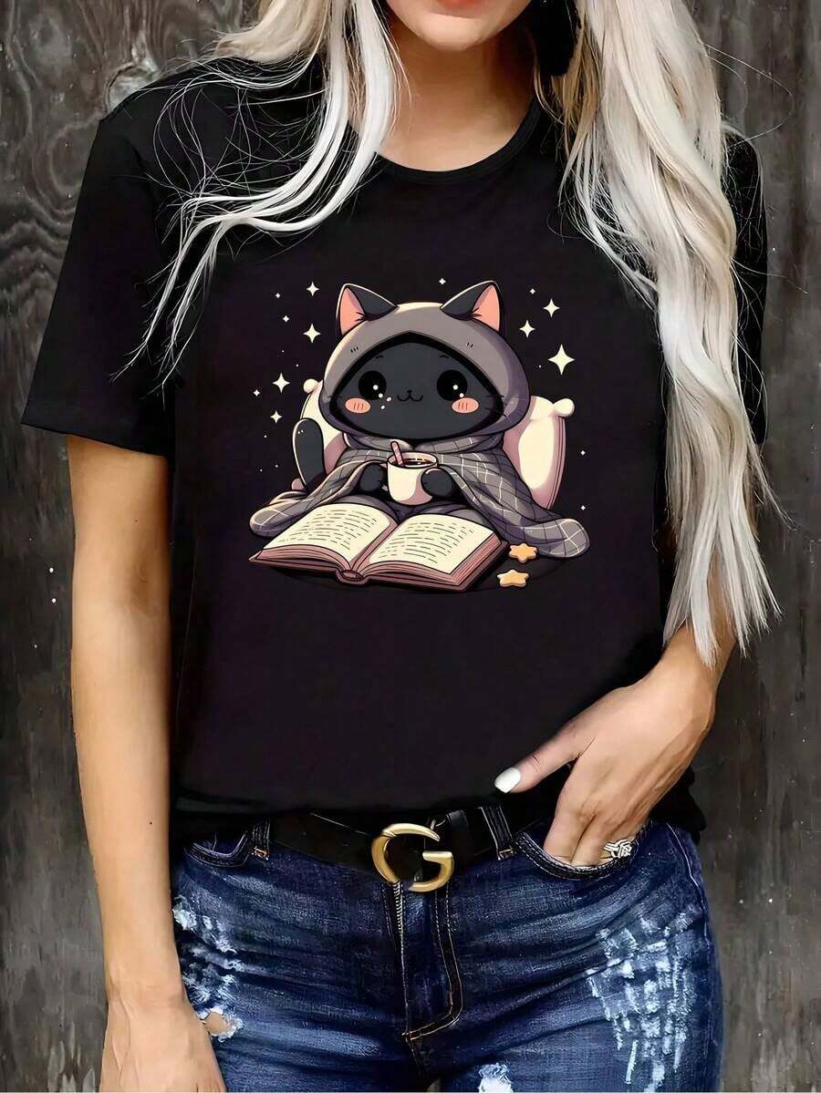 Camiseta de Mujer con Estampado de Cara de Gato - Blusa Casual de Manga Corta y Cuello Redondo - Top Lindo con Diseño de Gatito para Primavera y Verano - Cómoda, Versátil y Amigable - Ideal para Mujeres de Estatura Baja - Lavable a Máquina - Negro - Ver 1