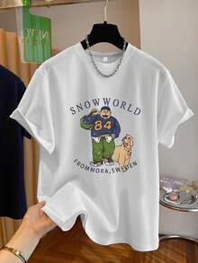 Soft 100% Cotton T-Shirt [Circular Orientation] Fashionable Printed T-Shirt For Women, Soft, Versatile, With A Cartoon Pattern Of A Snowy World, Soft And Comfortable, Short Sleeve Printed T-Shirt, Suitable For Casual Wear, Fashionable Blouses For All Seasons, Breathable Cotton T-Shirt, Matches Everything. - 白色 - 查看 6