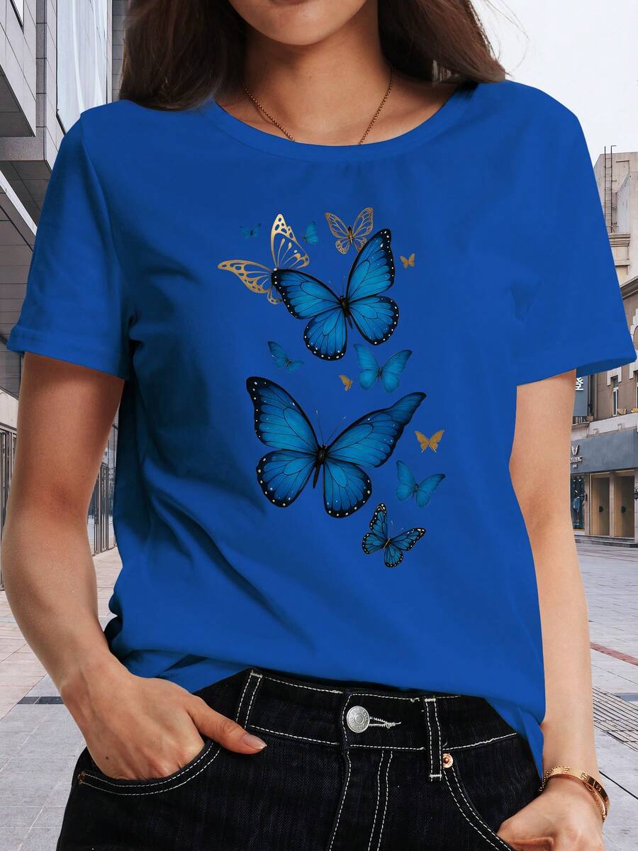 GiftBlue Butterfly Print T-Shirt, Fashionable Women's T-Shirt, Medium Elasticity, Casual Loose Short Sleeve Top, Soft Women's Clothing - 藍色 - 查看 1