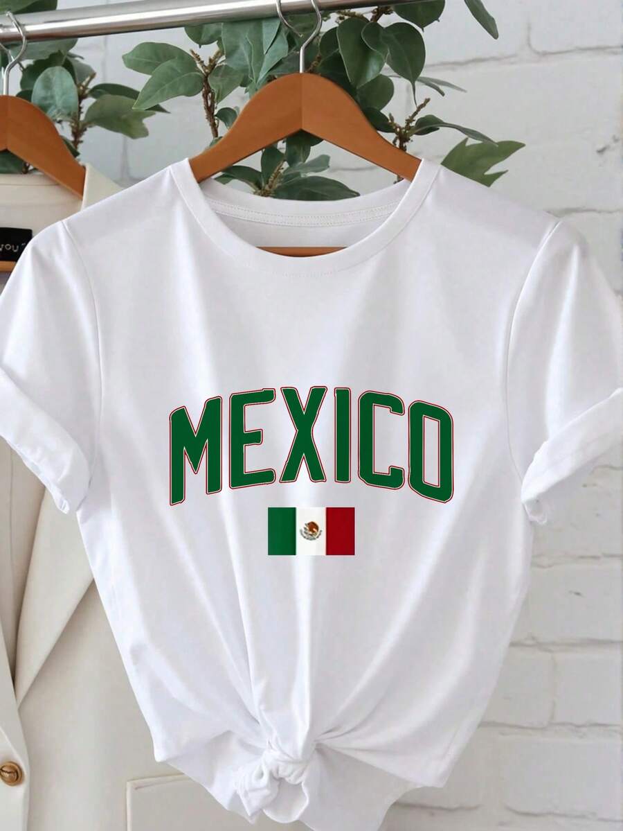 White T-Shirt With Mexican Flag Graphic Print - Simple Casual Style, 100% Pure Cotton - Soft And Comfortable, Crew Neck, Short Sleeve, Urban Fashion Top For All Seasons, Casual Streetwear | Y2k Crew Neck T-Shirt - 黑色 - 查看 1