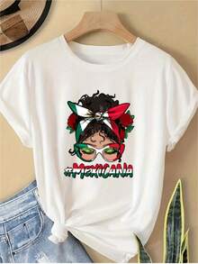 Camiseta Blanca con Diseño de Chica con Sombrero Mexicano y Texto "México" - Estilo Casual Simple, Camiseta Gráfica 100% Algodón Puro, Cuello Redondo, Manga Corta, Suave y Cómoda, Moda Urbana para Todas las Temporadas, Ropa Casual| Camiseta de Cuello Redondo Y2k - Blanco - Ver 1